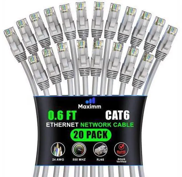 Main image of Maximm Cat 6 Ethernet Cable 0.6 ft (20-Pack) - High-Speed LAN Cable, Internet Cable, Patch Cable, and Network Cable - UTP, 10Gbps, 550MHz Ethernet Cord - Gray