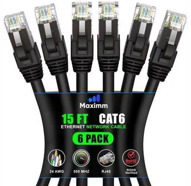 Main image of Maximm Cat 6 Ethernet Cable 15 ft (6-Pack) - High-Speed LAN Cable, Internet Cable, Patch Cable, and Network Cable - UTP, 10Gbps, 550MHz Ethernet Cord - Black