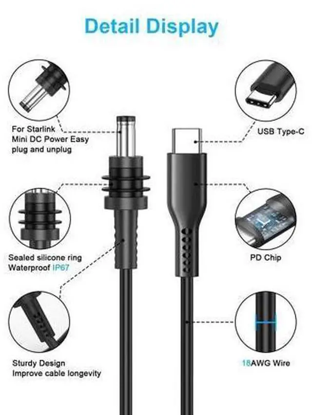 Alt view image 2 of 5 - Compatible with Starlink Mini DC Cable,100W Input USB C to DC Power Cable Waterproof DC to DC Power Replacement Cord for Starlink Mini9.8FT
