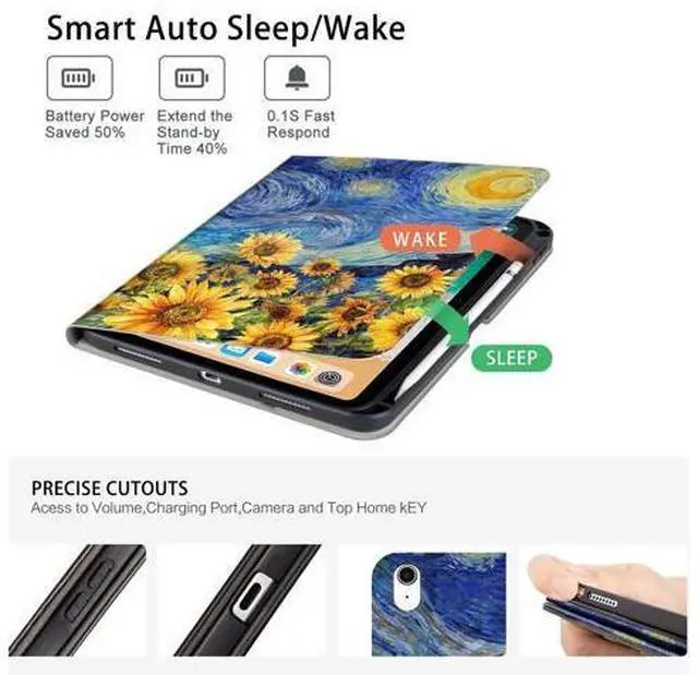 Alt view image 4 of 5 - Rotating Case for iPad (A16) 11th Generation, iPad 10th Generation Case with Pencil Holder 360 Swivel ipad a16 10th/11th case Multi-Angle View Adjustable Stand Auto Wake Sleep, Starry Night Sunflowers