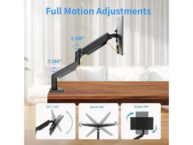 Alt view image 3 of 5 - Single Monitor Stand for 13 to 32 inch Screens, Gas Spring Monitor Arm with Swivel, Tilt, Rotation, Height Adjustable, Desk Mount with C-Clamp and Grommet Base, Holds 4.4 to 19.8lbs Screen, Black