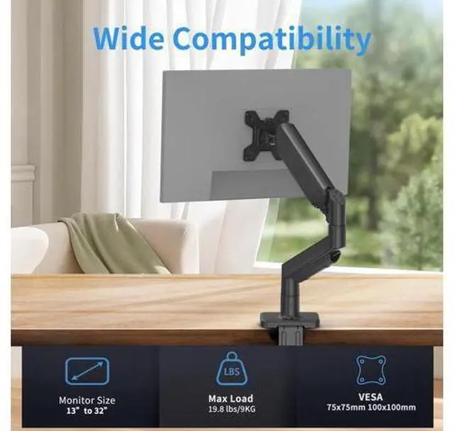 Alt view image 2 of 5 - Single Monitor Stand for 13 to 32 inch Screens, Gas Spring Monitor Arm with Swivel, Tilt, Rotation, Height Adjustable, Desk Mount with C-Clamp and Grommet Base, Holds 4.4 to 19.8lbs Screen, Black