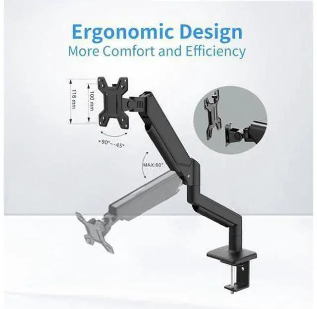Alt view image 5 of 5 - Single Monitor Stand for 13 to 32 inch Screens, Gas Spring Monitor Arm with Swivel, Tilt, Rotation, Height Adjustable, Desk Mount with C-Clamp and Grommet Base, Holds 4.4 to 19.8lbs Screen, Black