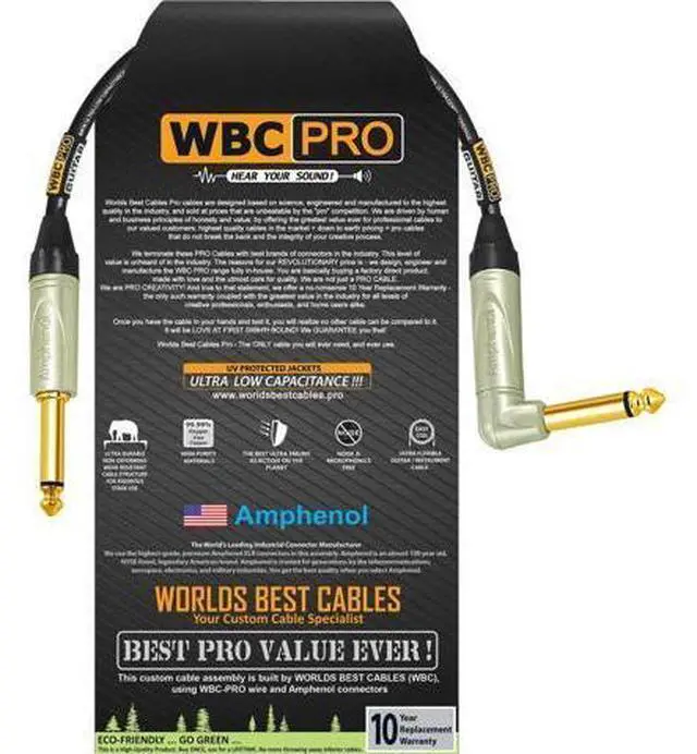 Main image of 1.5 Foot - WBC-PRO-Guitar 20 AWG - Low-Cap (18pF/ft) Pro-Grade Graphite-Based - Dual-Shielded Guitar, Bass, Instrument Cable with Amphenol QM2R-AU & QM2P-AU Inch (6.35mm) Gold TS Connectors