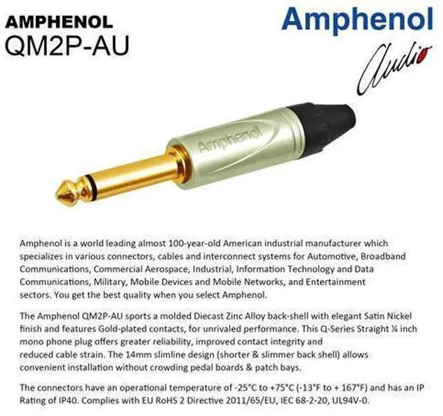 Alt view image 5 of 5 - 1.5 Foot - WBC-PRO-Guitar 20 AWG - Low-Cap (18pF/ft) Pro-Grade Graphite-Based - Dual-Shielded Guitar, Bass, Instrument Cable with Amphenol QM2R-AU & QM2P-AU Inch (6.35mm) Gold TS Connectors