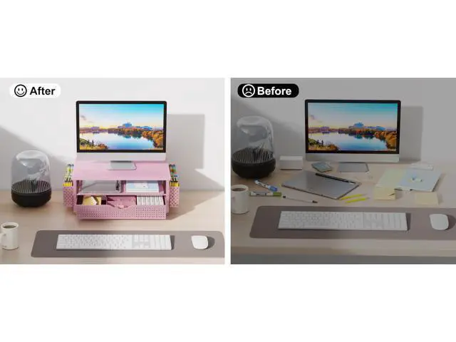 Alt view image 2 of 5 - gianotter Wood Monitor Stand Riser, Desk Organizer with Drawer and 2 Pen Holders, 2-Tier Workspace Organizer for Office Supplies(Pink Wood)