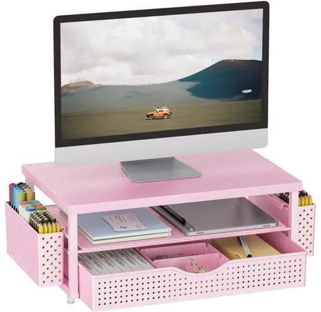 Main image of gianotter Wood Monitor Stand Riser, Desk Organizer with Drawer and 2 Pen Holders, 2-Tier Workspace Organizer for Office Supplies(Pink Wood)