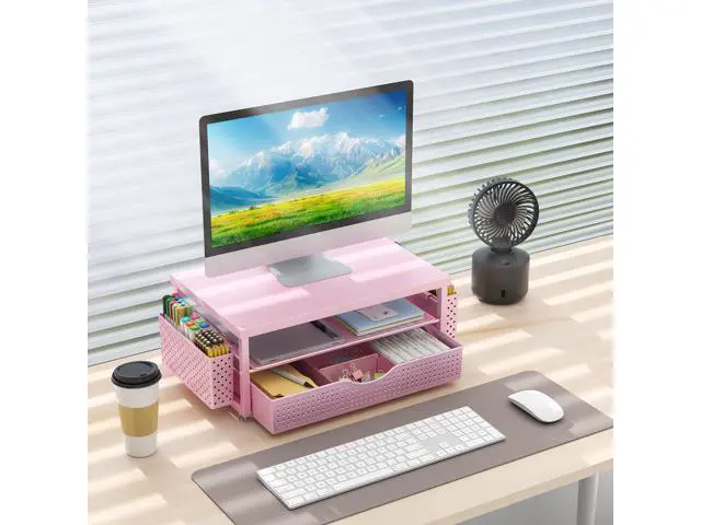 Alt view image 4 of 5 - gianotter Wood Monitor Stand Riser, Desk Organizer with Drawer and 2 Pen Holders, 2-Tier Workspace Organizer for Office Supplies(Pink Wood)