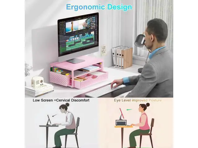 Alt view image 3 of 5 - gianotter Wood Monitor Stand Riser, Desk Organizer with Drawer and 2 Pen Holders, 2-Tier Workspace Organizer for Office Supplies(Pink Wood)