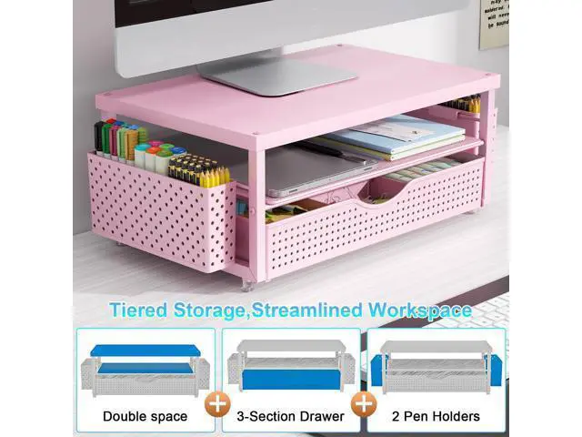 Alt view image 5 of 5 - gianotter Wood Monitor Stand Riser, Desk Organizer with Drawer and 2 Pen Holders, 2-Tier Workspace Organizer for Office Supplies(Pink Wood)