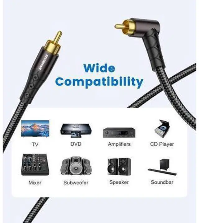 Alt view image 2 of 5 - SOUNDFAM RCA Subwoofer Cable 26ft/8M 90 Degree RCA to RCA Cable Cotton Braided Double Shielded Digital Analogue Supports Amplifiers,Home Theater,Subwoofer (Black)