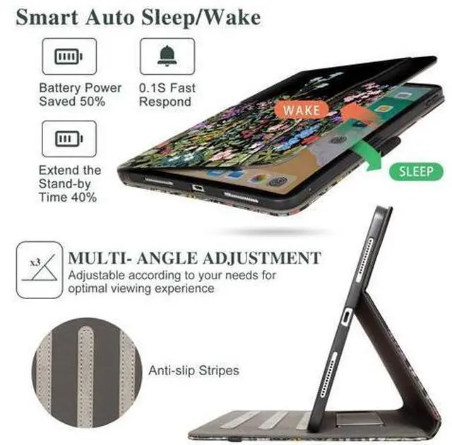 Alt view image 3 of 5 - Lalumix for iPad Pro 13 Inch Case 2024, for iPad Pro 13 Inch Case, for iPad Pro M4 13 Inch Cover Pencil Holder/Hand Strap/Pocket/Anti-Skid Stripes, for iPad Pro 13 Cover Auto Wake/Sleep, Black Floral
