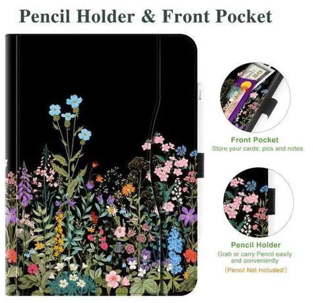 Alt view image 4 of 5 - Lalumix for iPad Pro 13 Inch Case 2024, for iPad Pro 13 Inch Case, for iPad Pro M4 13 Inch Cover Pencil Holder/Hand Strap/Pocket/Anti-Skid Stripes, for iPad Pro 13 Cover Auto Wake/Sleep, Black Floral
