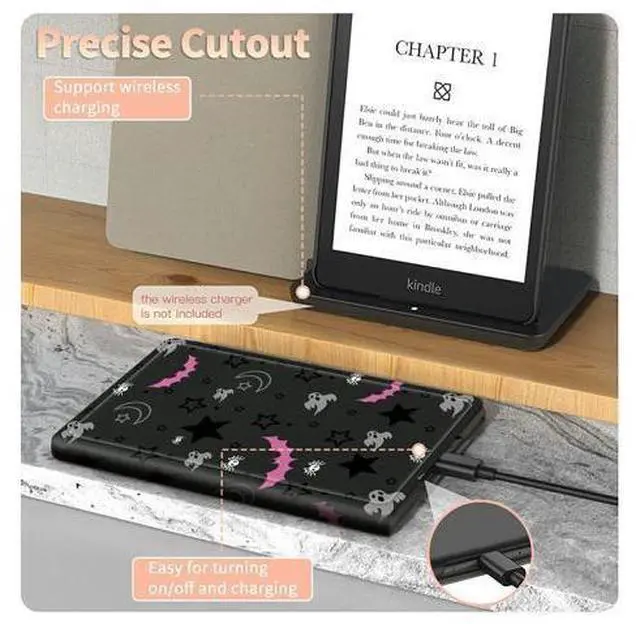Alt view image 5 of 5 - for All-New Kindle Paperwhite 12th Gen 2024 (7") & Kindle Colorsoft Signature Edition 7" Case with Gothic Skull Moon Stars Bat, Folding Multi-Viewing Angles Stand Cover with Auto Sleep & Wake