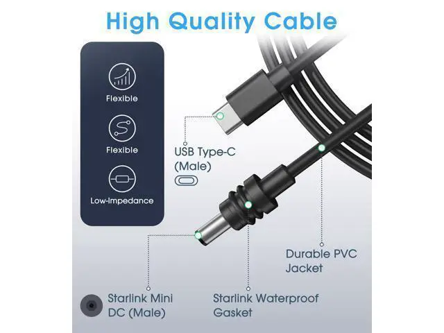 Alt view image 3 of 5 - MEKEET Black Starlink Mini Cable 16.4FT/5M- Starlink Mini USB C to DC Waterproof Power Cord 100W Input USB Type C to DC Cable- Car Charger Starlink for Outdoor Camping Travel Work