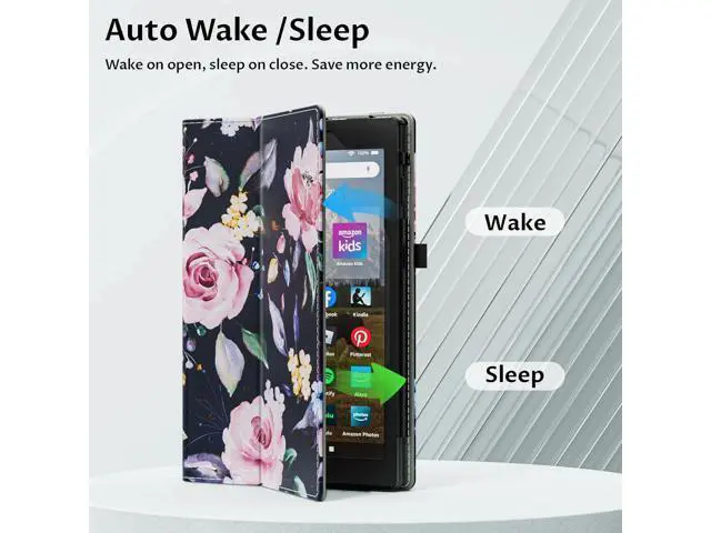 Alt view image 4 of 5 - VORI Case for Kindle Fire HD 8 Tablet & 8 Plus Tablet(12th Generation/10th Generation, 2024/2022/2020 Release), Slim Vegan Leather Folding Stand Cover with Auto Wake/Sleep, Flower Rose