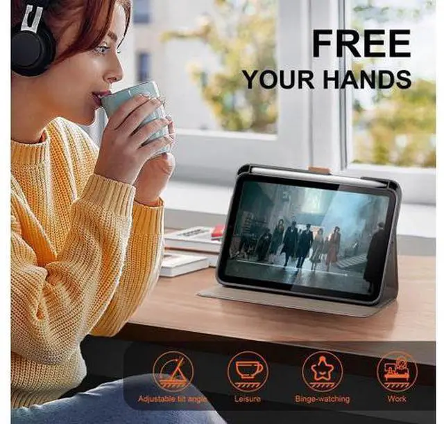 Alt view image 3 of 5 - XFYKJIN Leather Case for iPad mini 7/6th (2024/2021) with Pocket, Buckle & Pencil Holder, Auto Wake/Sleep, Shockproof Adjustable Stand,Brown