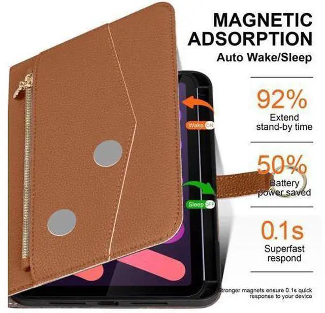 Alt view image 5 of 5 - XFYKJIN Leather Case for iPad mini 7/6th (2024/2021) with Pocket, Buckle & Pencil Holder, Auto Wake/Sleep, Shockproof Adjustable Stand,Brown