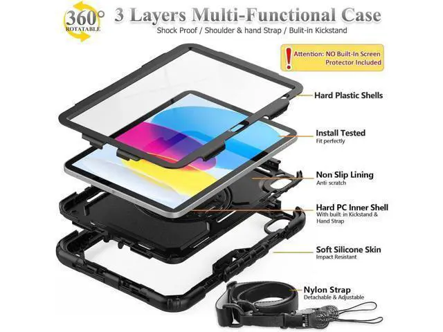 Alt view image 3 of 5 - BMOUO Case for iPad (A16) 11th Generation 11" 2025/iPad 10th Generation 10.9 inch 2022, 360 Rotating Stand & Pencil Holder & Hand & Shoulder Strap Shockproof iPad 11th/10th Generation Case, Black