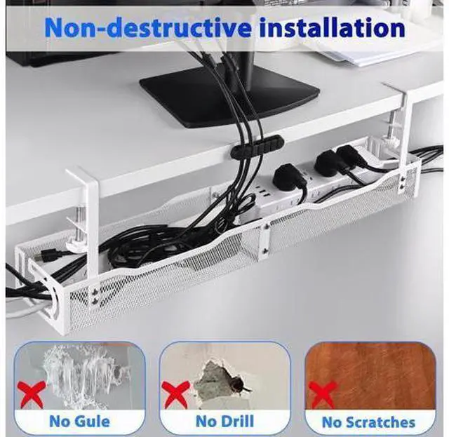 Alt view image 3 of 5 - Under Desk Cable Management Box 25.3 Inch Clamp-Mounted Cable Organizer Tray, Large Cord Management Box for Office & Home, Wire Organizer Under Desk Storage, White
