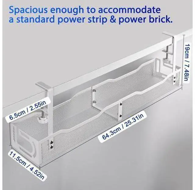 Alt view image 4 of 5 - Under Desk Cable Management Box 25.3 Inch Clamp-Mounted Cable Organizer Tray, Large Cord Management Box for Office & Home, Wire Organizer Under Desk Storage, White