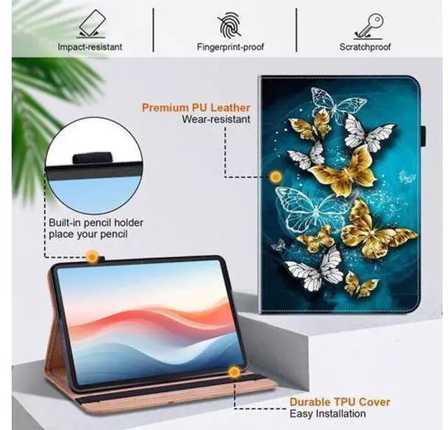 Alt view image 3 of 5 - YHDXUYS Case for iPad Pro 11 Inch (M5/M4) 2025/2024, Auto Wake/Sleep with Pencil Holder, Multiangle Stand Wallet Design Cover,Green Butterfly