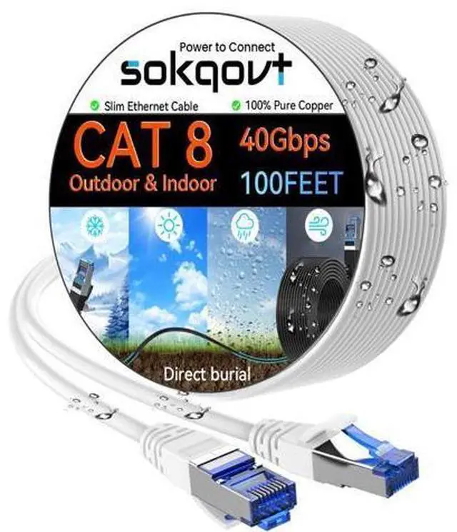 Main image of Sokqovt Cat 8 Ethernet Cable Slim 100ft Outdoor&Indoor, Pure Copper Cat8 Internet Cable for Waterproof & Direct Burial, Flexible Cat8 Ethernet Cable 40G 2000MHZ, Cat 8 Network Cable for Indoor White