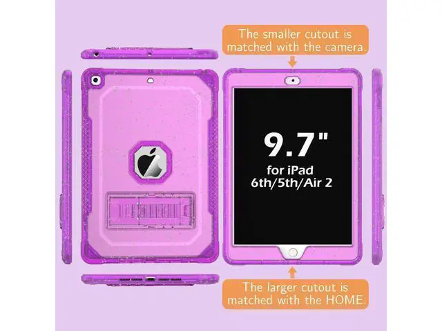 Alt view image 5 of 5 - ZoneFoker Case for iPad Air 2 Case, for iPad 6th/5th Generation 2018/2017, for Apple iPad 9.7 inch with Screen Protector/Stand, Glitter Purple Full-Body Coverage Slim Cover for Girls Women Kids