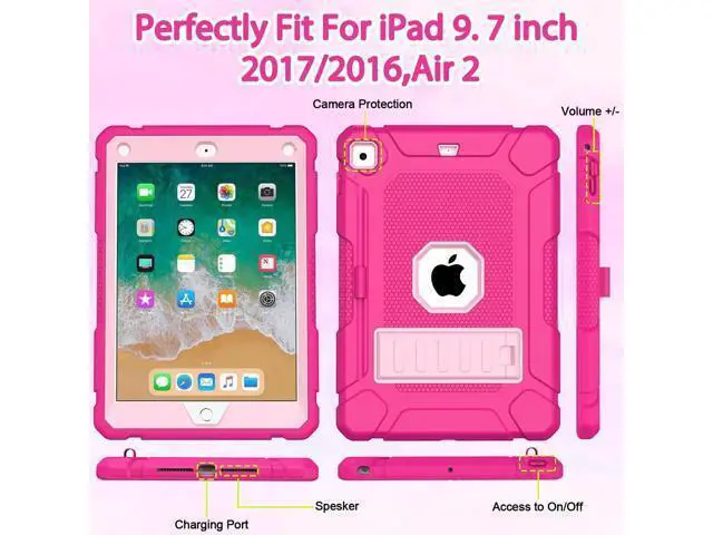 Alt view image 4 of 5 - BMOUO Case for iPad 6th 5th Generation (9.7 inch, 2018/2017), Shockproof Protective iPad 9.7 Case with Built-in Stand/Pencil Holder for iPad 6th/5th Gen, Air 2, Rose and Pink