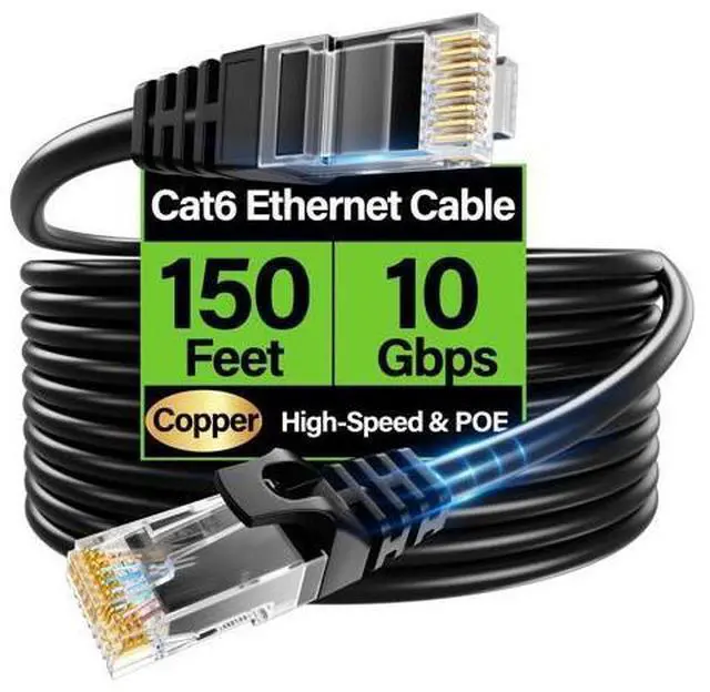 Main image of TuokaJu Cat6 Ethernet Cable 10Gbps 150 ft, UTP Ethernet Cable Cat 6, Flexible Bare Copper Cat6 Cable, Cat 6 Network Cable for Server, Data Center, Black
