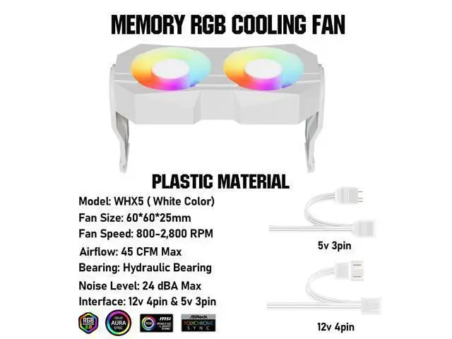 Alt view image 4 of 5 - Computer Memory Ram Radiator Plastic Heatsink ram Cooler Fan with Dual 60mm rotatable pc Fans 4Pin PWM &5V 3PIN ARGB ram Cooling Fan for Memory Module Cooling Solution (White)