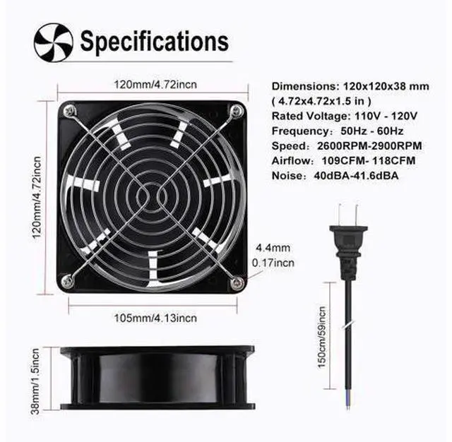 Alt view image 2 of 5 - Wathai AC 12038 120mm x 38mm 110V 120V Dual Ball Metal Cooling Axial Fan High Airflow
