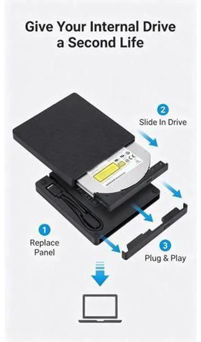 Alt view image 3 of 5 - Zunate External Optical Drive Enclosure for 9.5mm CD DVD BD, USB 3.0 Type C Portable Case Adapter for Laptop, High Speed Data Transfer - ABS Brushed Finish