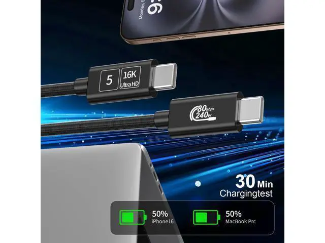 Alt view image 4 of 5 - Thunderbolt 5 Cable 80Gbps, 1 FT USB C to USB C Cable, 240W PD 3.1 Charging, Up to 120Gbps Bandwidth, 16K/Dual 8K, Braided USB C Video Cables for iPhone 16, MacBook Pro, Mac mini, PSSD, Display