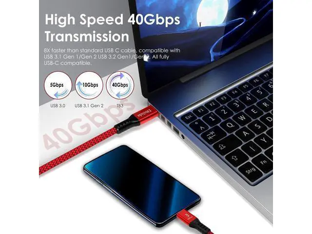 Alt view image 2 of 5 - 240W for Thunderbolt 3 Cable 40Gbps 8K 60Hz, 4K 144Hz 5FT, 1.6FT 2.3FT 3.3FT 4FT 6.6FT 10FT 15FT, USB4 USB C Display Cable for MacBook Pro Air, SSD, Dell XPS HP, iPhone 17, SSD, Mac mini M4 Pro