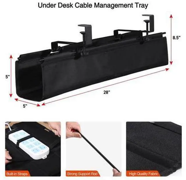 Alt view image 2 of 5 - MAXECHO Under Desk Cable Management Tray 28" - Clamp on Wire and Cable Organizer for Storage and to Hide Cords - Ideal for Home Office - Premium Black Fabric Design