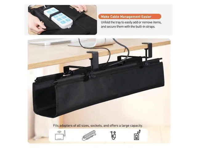 Alt view image 4 of 5 - MAXECHO Under Desk Cable Management Tray 28" - Clamp on Wire and Cable Organizer for Storage and to Hide Cords - Ideal for Home Office - Premium Black Fabric Design