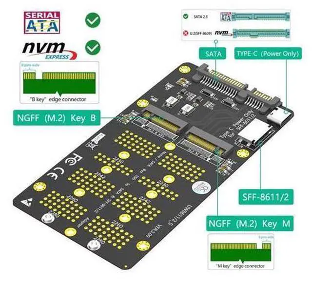 Alt view image 2 of 5 - 2 in 1 Combo M.2(NGFF) NVMe SSD/SATA-Bus SSD to SFF-8611/8612 and SATA Adapter