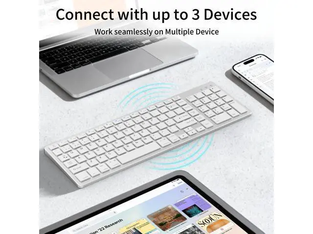 Alt view image 4 of 5 - KVTVOU for Ultra-Slim Wireless QWERTY Keyboard, 3-in-1 Connection Modes (Dual Bluetooth+2.4G), Multi-Device Switching, Power-Saving & Anti-Slip, Compatible with PC/Laptop/Tablet/Phone, Sliver
