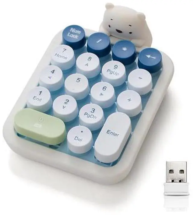 Main image of Lomiluskr Cute Wireless Numeric Keypad with Silicone Bear, Colorful Round Keycaps, 2.4G USB Wireless Connection, Portable Financial Accounting Numpad Number Keyboard, Suitable for PC, Laptop (Blue)