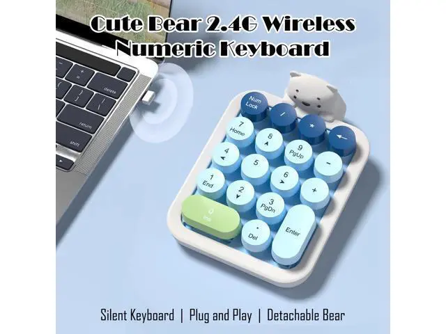 Alt view image 3 of 5 - Lomiluskr Cute Wireless Numeric Keypad with Silicone Bear, Colorful Round Keycaps, 2.4G USB Wireless Connection, Portable Financial Accounting Numpad Number Keyboard, Suitable for PC, Laptop (Blue)