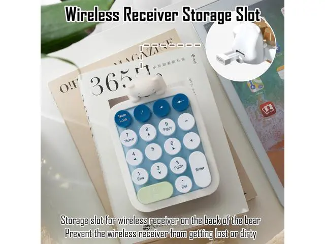 Alt view image 5 of 5 - Lomiluskr Cute Wireless Numeric Keypad with Silicone Bear, Colorful Round Keycaps, 2.4G USB Wireless Connection, Portable Financial Accounting Numpad Number Keyboard, Suitable for PC, Laptop (Blue)