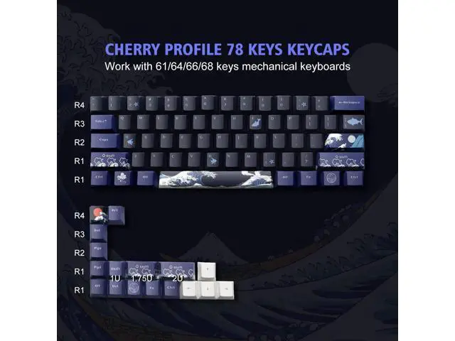 Alt view image 2 of 5 - XVX PBT Keycaps - Great Wave of Kanagawa Japanese Design, Dye-Sub Custom Keycaps Set, Cherry Profile for 61/64/66/68 Cherry/Gateron MX Switches, 78 Key Set