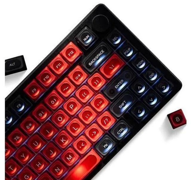 Main image of OHY XVX Black and Red Shine Through Keycaps for Mechanical Keyboards - 136 Keys Red Translucent Cat Eye Design,Cherry MAX Profile, PC+PBT Frosted RGB Keycaps