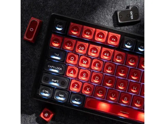 Alt view image 4 of 5 - OHY XVX Black and Red Shine Through Keycaps for Mechanical Keyboards - 136 Keys Red Translucent Cat Eye Design,Cherry MAX Profile, PC+PBT Frosted RGB Keycaps