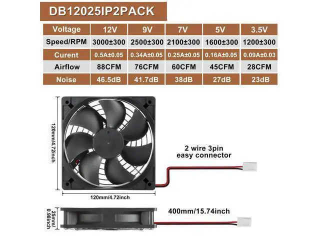 Alt view image 4 of 5 - 2-Pack IP67 Waterproof Silent 12V DC Cooling Fan - 120mmx25mm 4.72inch High-Speed 3000RPM Dual Ball Bearing 2 Wire 3Pin Exhaust Fan for RV Fridge