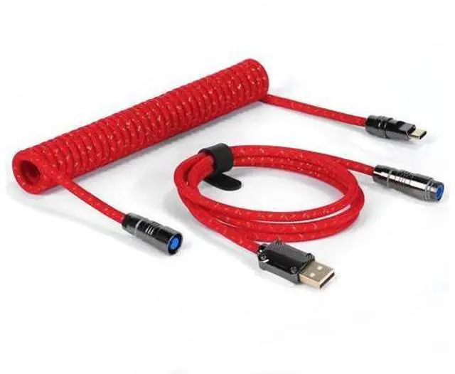 Main image of ZIYOU LANG C05 Custom Coiled USB C Cable with Metallic Sequin Double Weave Nylon Braided Cord Detachable CNC Metal Aviator Spiral Line for Charging Smartphone Connecting RK Keyboard PS4 Switch(Red)