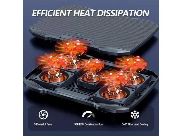 Alt view image 2 of 5 - AIMIUZI Laptop Cooling Pad for Computer Laptop Cooler for 12-15.6 Inch Notebooks, Laptop Cooling Stand with 5 Quiet Fans, 5 Height Adjustable,2 USB Ports, Phone Stand