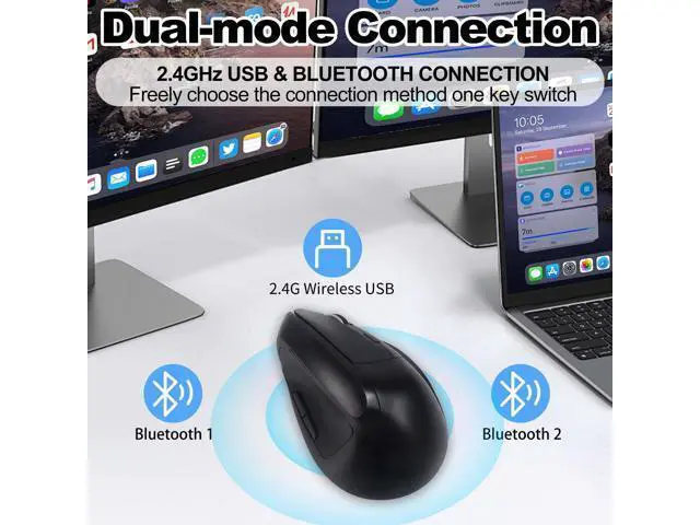 Alt view image 5 of 5 - Wireless Ergonomic Bluetooth Mouse, Vertical Dual Mode Rechargeable Silent Portable Optical Mice, with USB Receiver for PC/Laptop/Tablet, Office Worker Teacher Student Gift,Reduce Wrist PainBlack