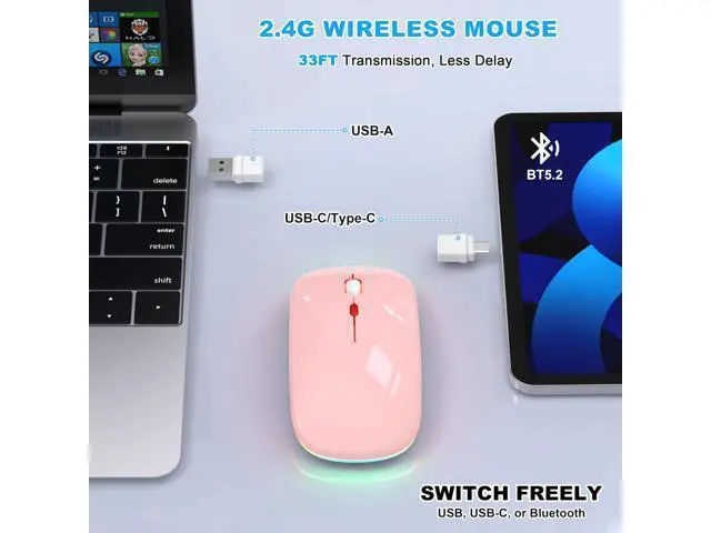 Alt view image 3 of 5 - LED Bluetooth Wireless Mouse for MacBook Air/Pro, Laptop, iPad Rechargeable Silent Light-Up Slim Mouse, Optical Dual Mode BT5.2 & USB-A/USB-C for Students, Kids, Girls, Boys Baby Pink